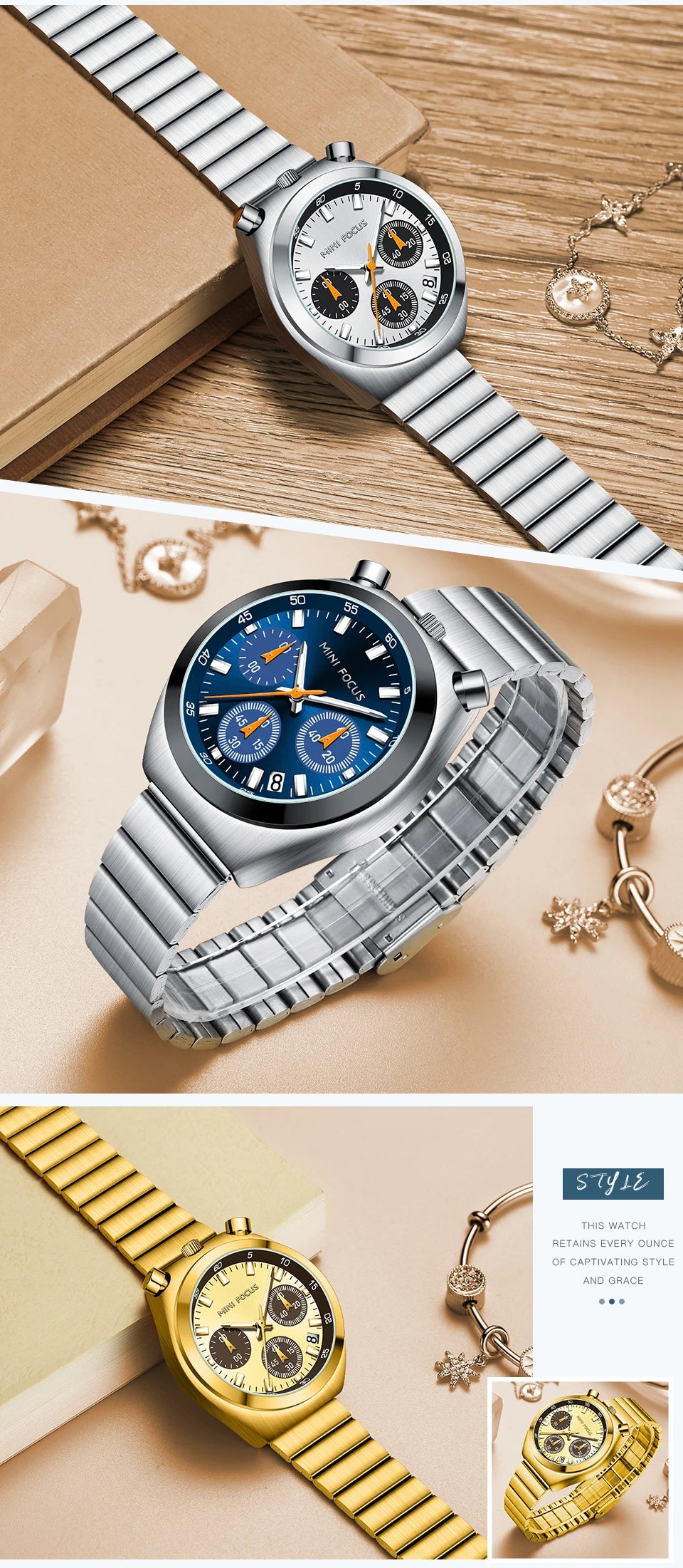 Three watches with different colored metal bands on a neutral background