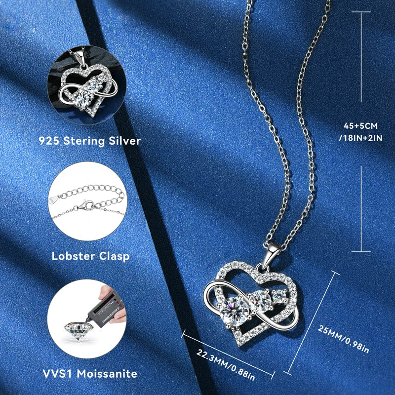 Silver necklace with heart pendant on a blue fabric background, featuring details like material, clasp type, and gemstone information.