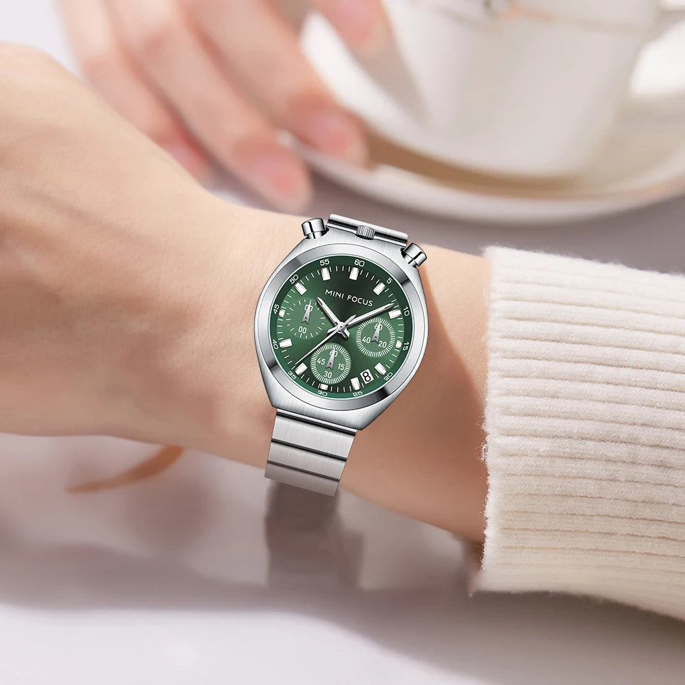 MINI FOCUS Silver Green Quartz Watch for Women Fashion Stainless Steel Band Chronograph Wristwatch with Luminous Hands Date 0491