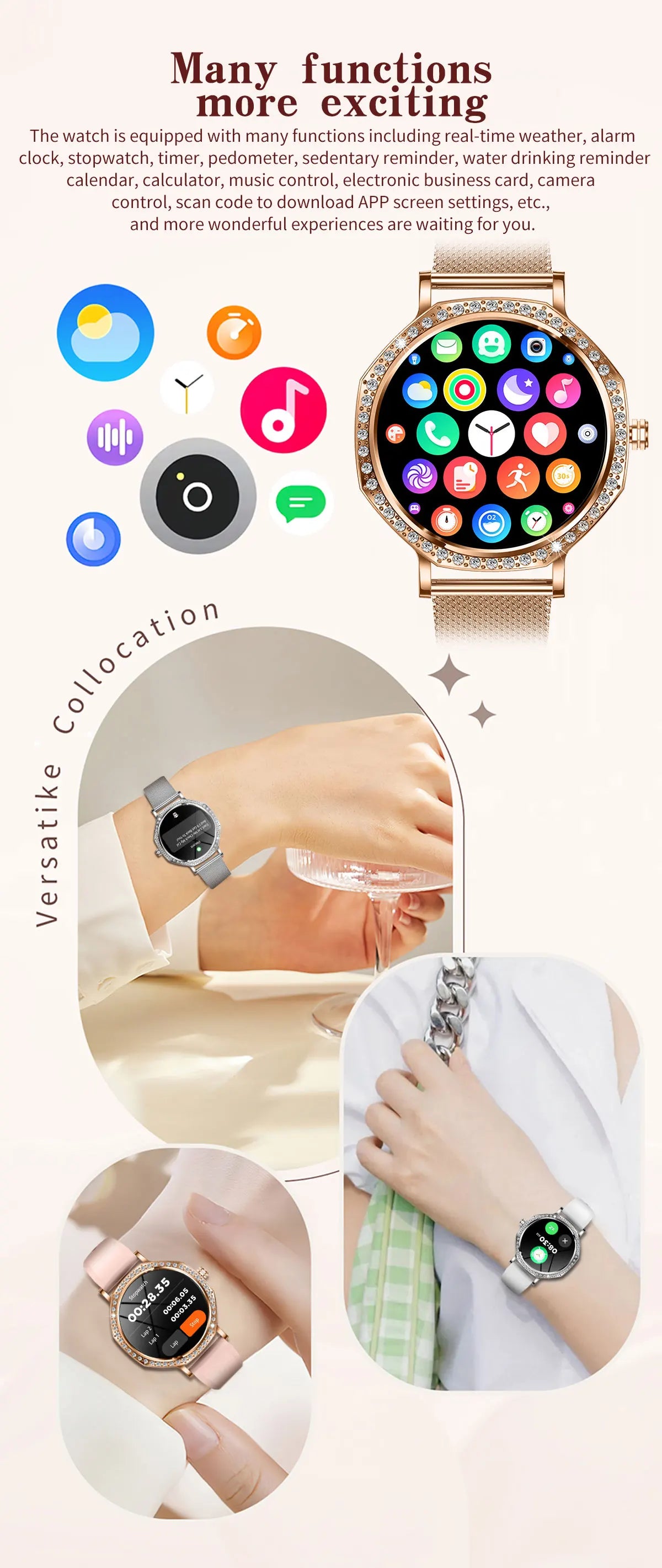Luxury Women's Smartwatches Diamond Dial Fashion Smart Watch Heart Rate Monitor Sleep Tracking IP67 Waterproof For Android & IOS Vanaski