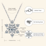 Snowflake necklace with moissanite stones, chain length, lobster clasp, and 925 sterling silver details.