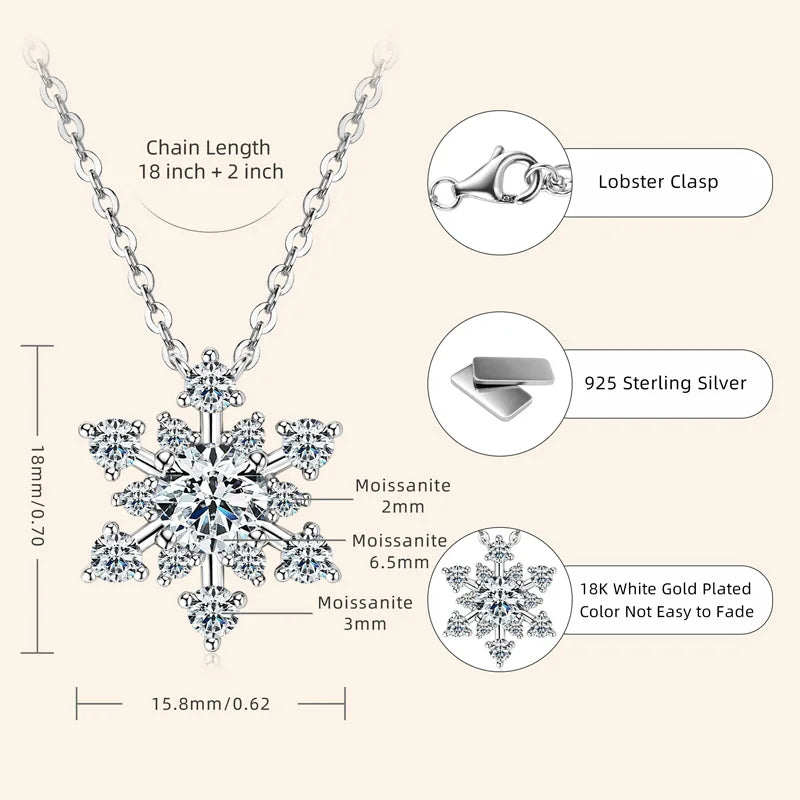 Snowflake necklace with moissanite stones, chain length, lobster clasp, and 925 sterling silver details.
