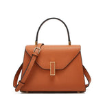 Brown leather handbag with a gold buckle on a white background