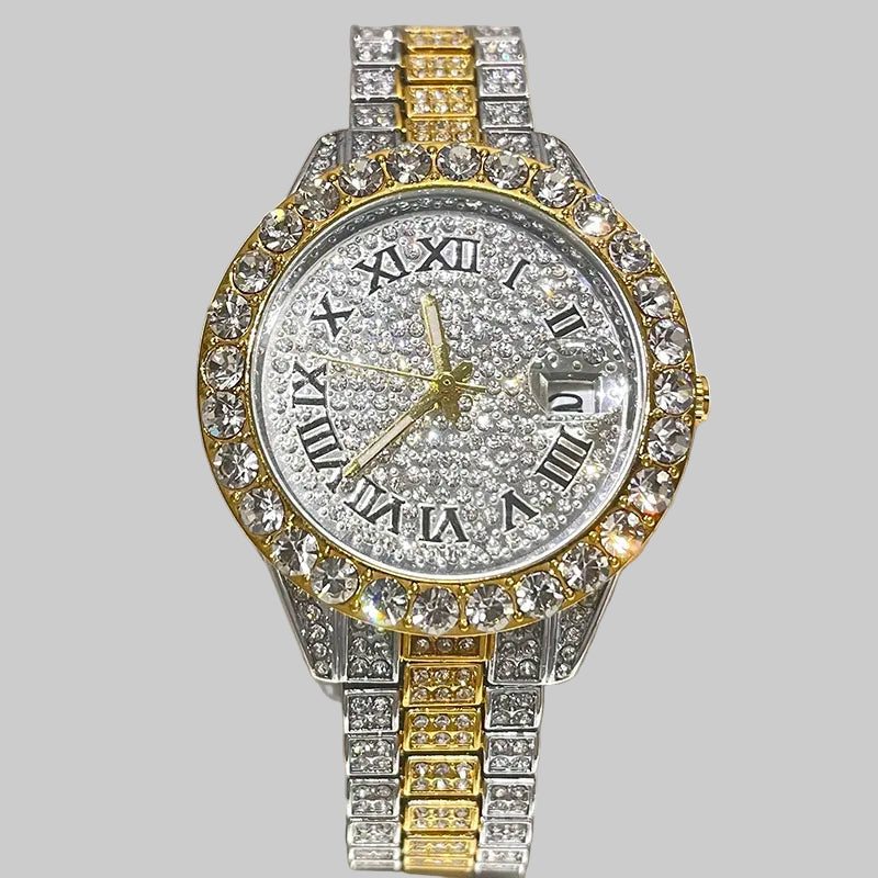 Luxury watch with diamond-studded case and gold band on a white cushion, brand 'Miss fox' visible.