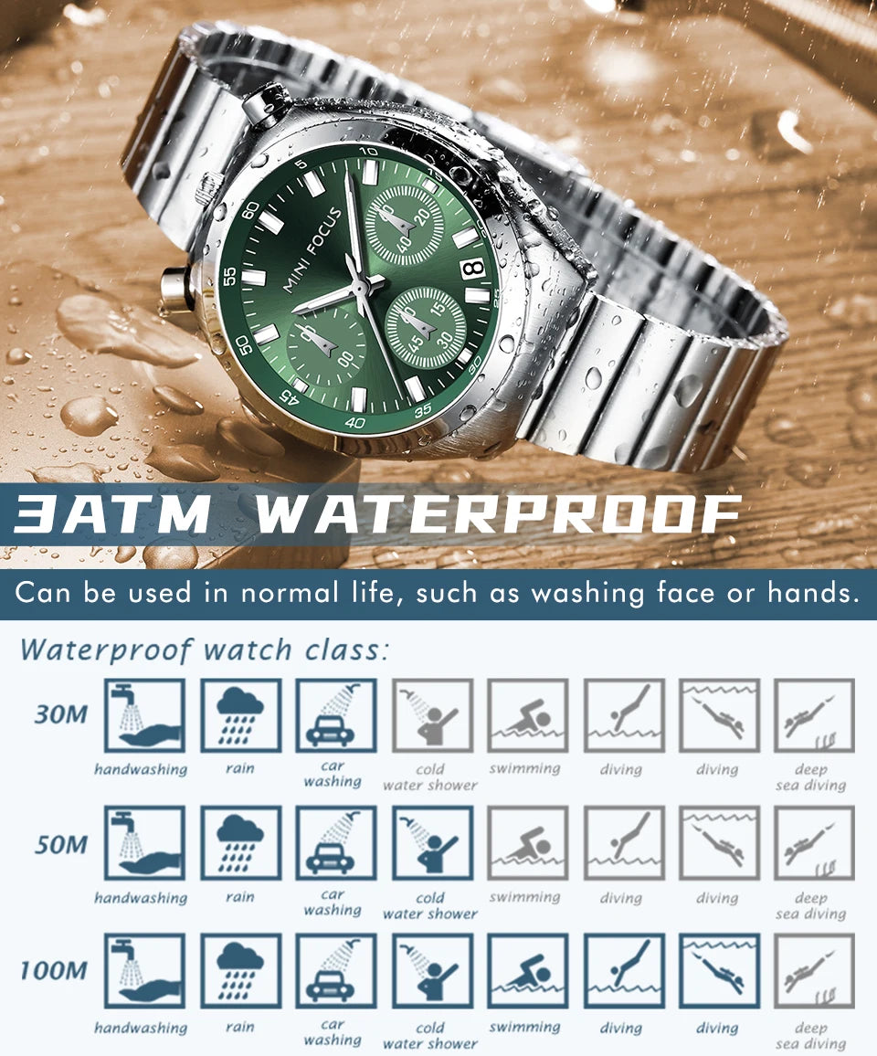 Waterproof watch with green face and silver strap on a wet surface, featuring waterproof rating information.