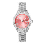Silver watch with a pink face and diamond-studded band on a white background