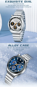 Two silver watches with blue and orange faces on a light blue background