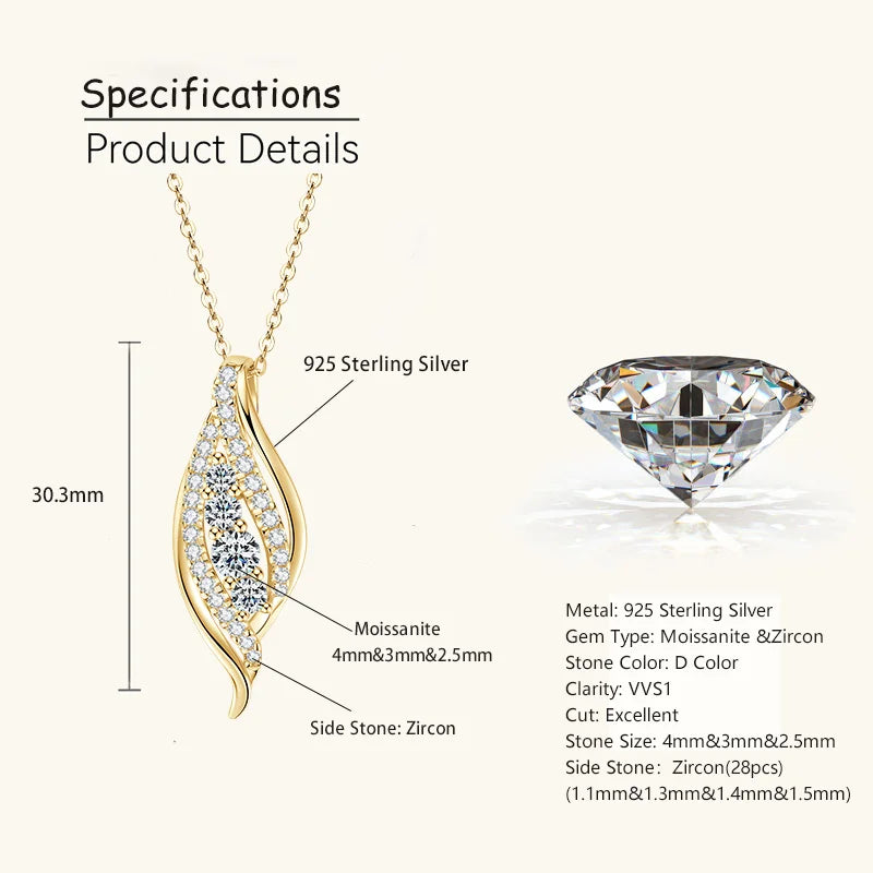 Gold necklace with detailed specifications on a white background