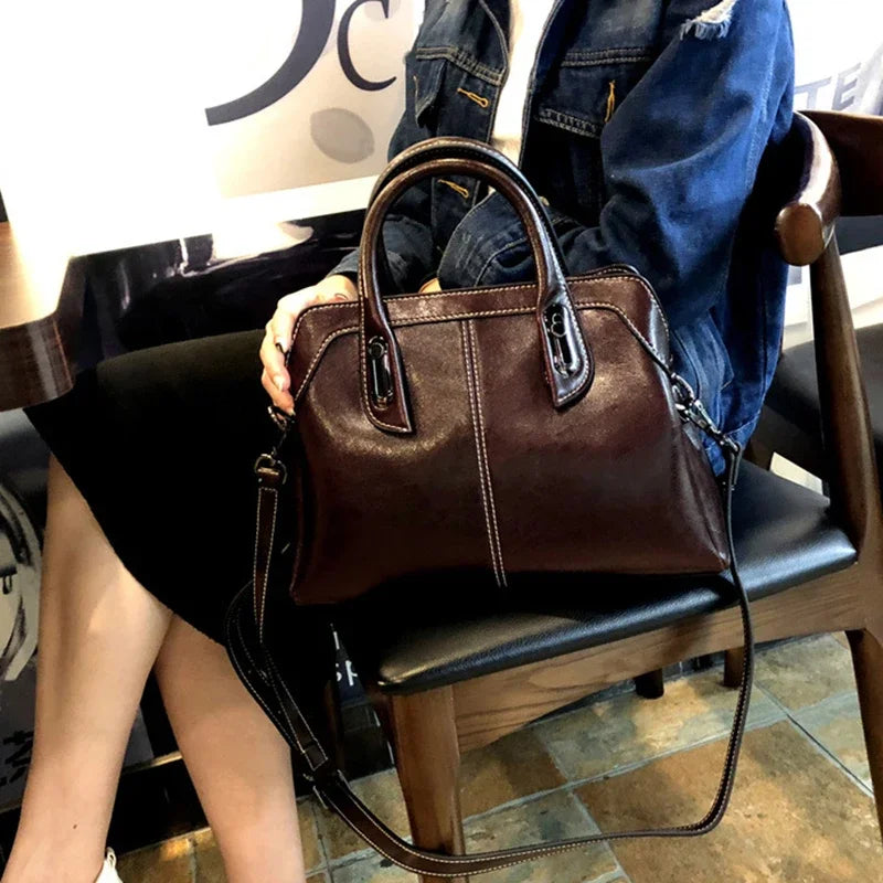 Genuine Leather Women Handbag Top Handle Shoulder Cross Body Bag Fashion Oil Wax Cowhide Purses and Handbags Messenger Tote Bags