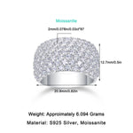 Silver ring with Moissanite stones and size measurements on a white background
