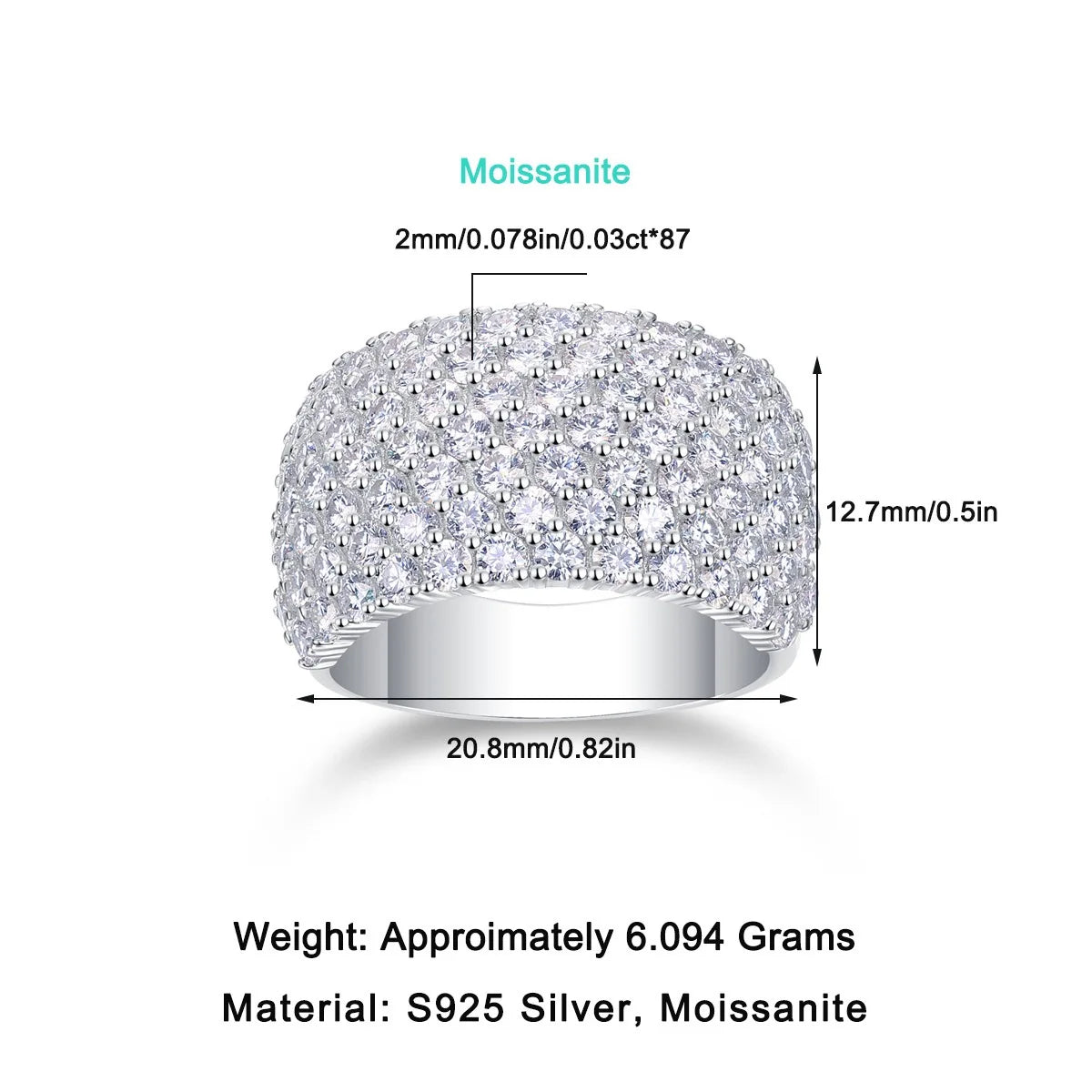 Silver ring with Moissanite stones and size measurements on a white background