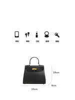 Black handbag with dimensions and item capacity illustration on a white background