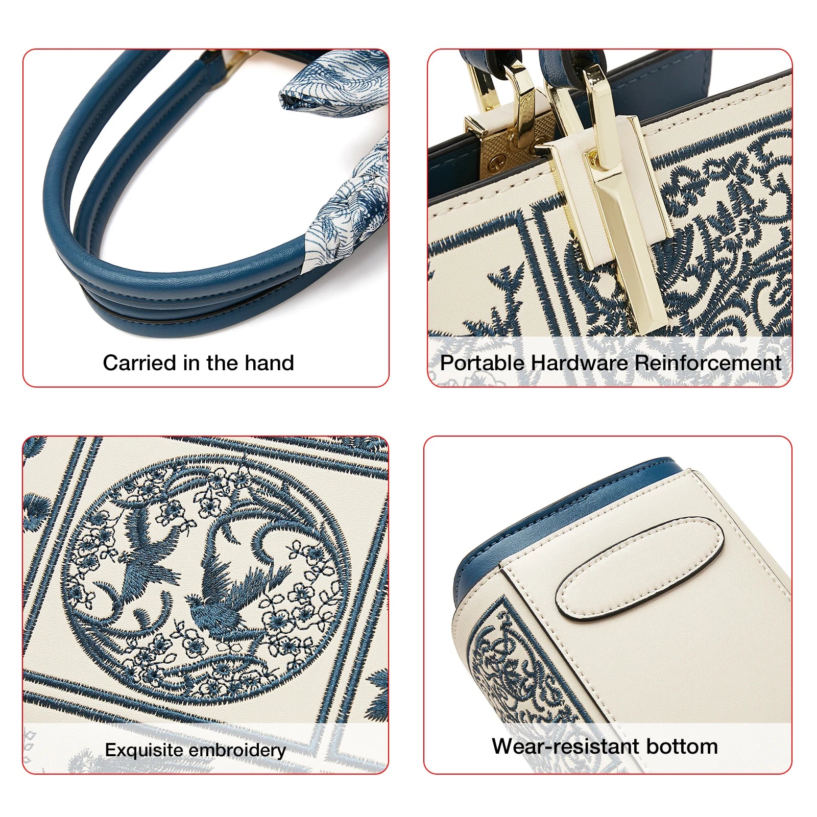 Product features including handcarried design, hardware reinforcement, embroidery, and wear-resistant bottom.