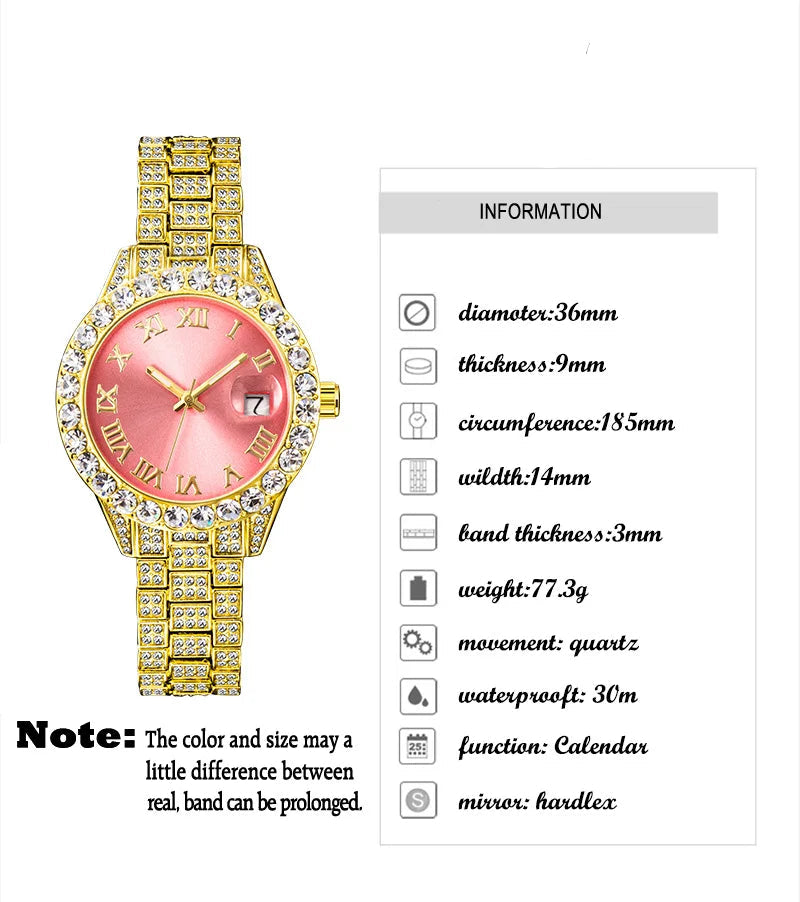 Gold watch with pink face on a white background, featuring product details.