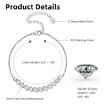 Silver bracelet with round moissanite stones and adjustable chain, featuring product details on a white background.