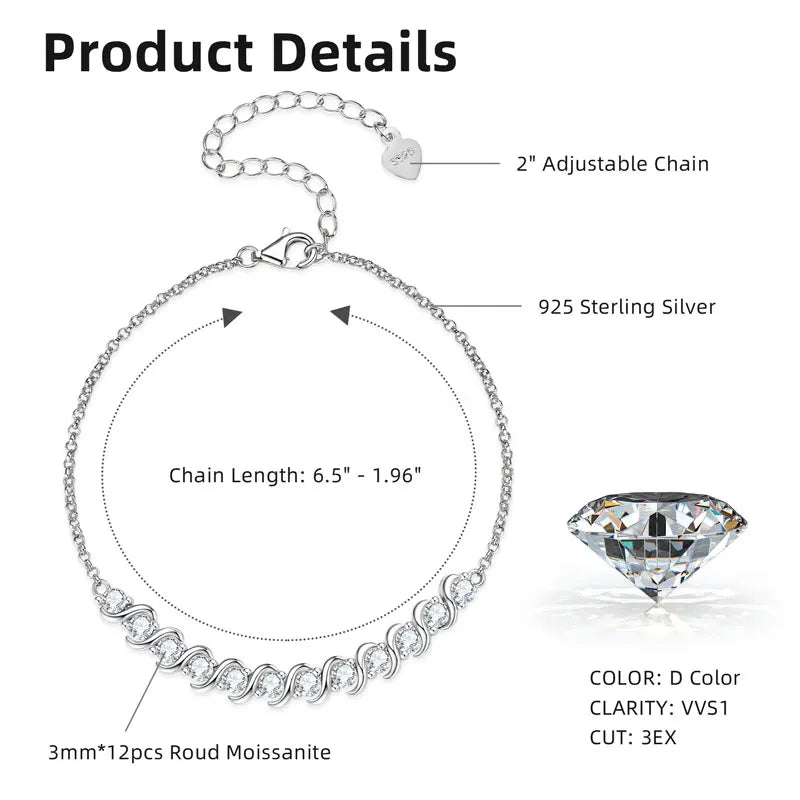Silver bracelet with round moissanite stones and adjustable chain, featuring product details on a white background.