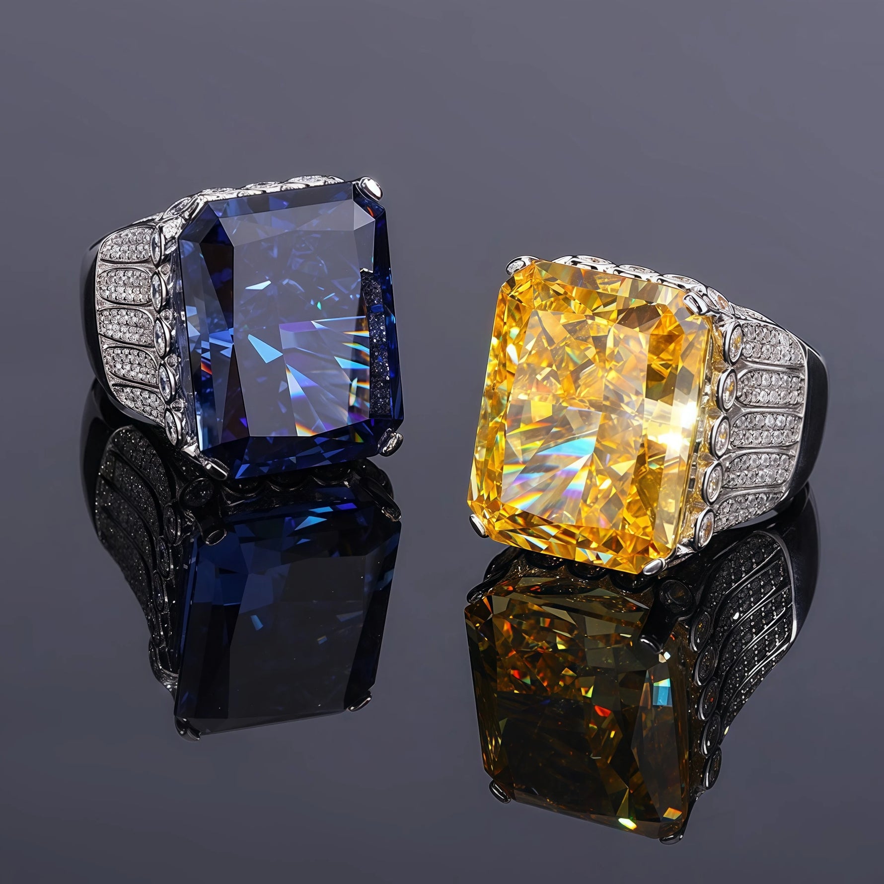Two rings with large gemstones on a reflective surface