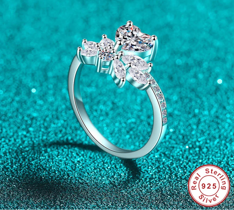 1CT Heart Cut Moissanite Ring D Color Lab Diamond 18K White Gold 925 Silver