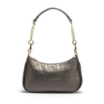Silver handbag with gold chain strap on a white background