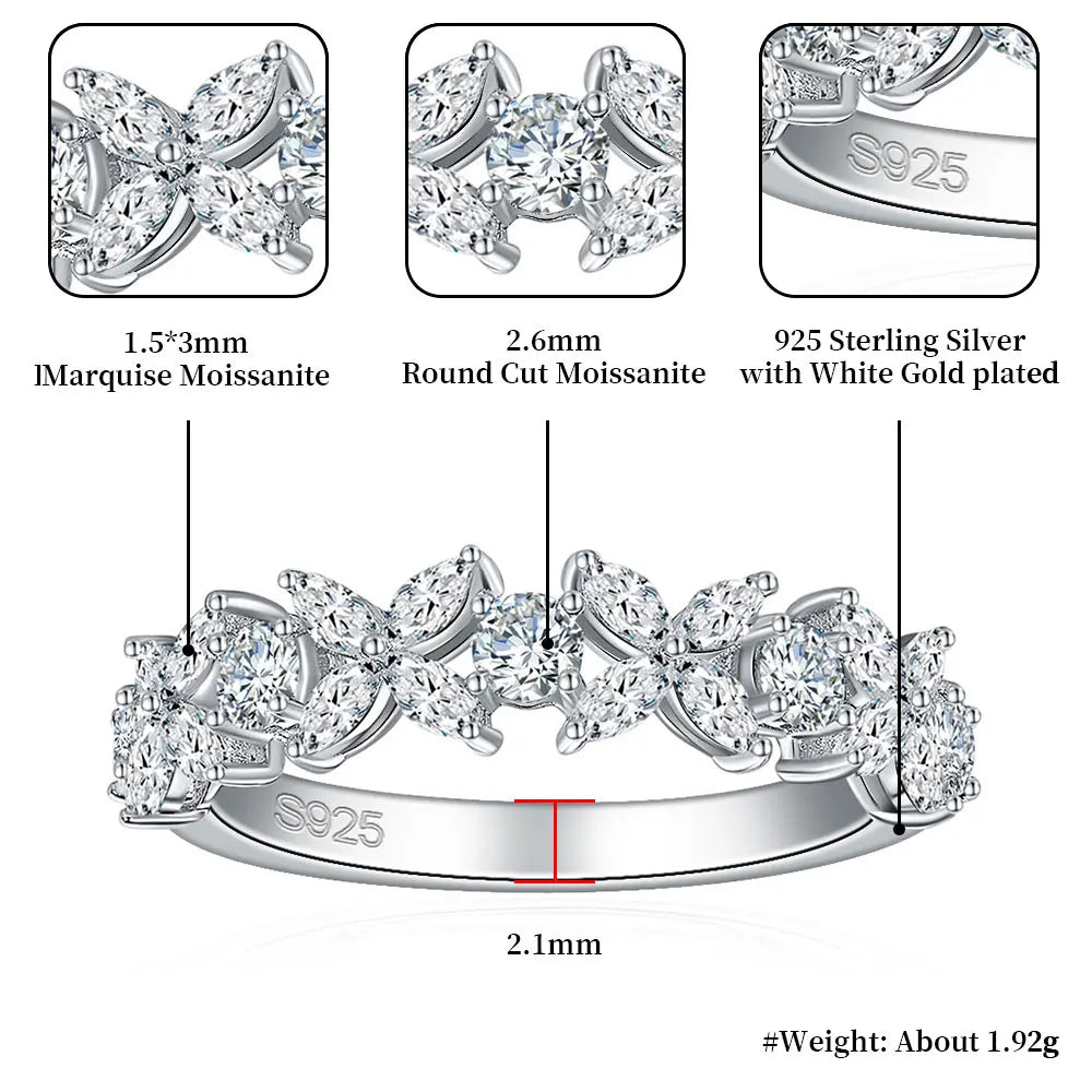 Silver ring with marquise and round cut moissanites, labeled with specifications.