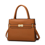 Brown handbag with a gold clasp on a white background