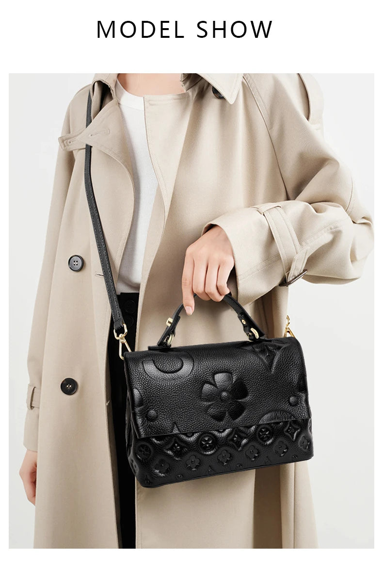 Genuine leather women's handbag, 100% soft cowhide briefcase, flower design shoulder bag
