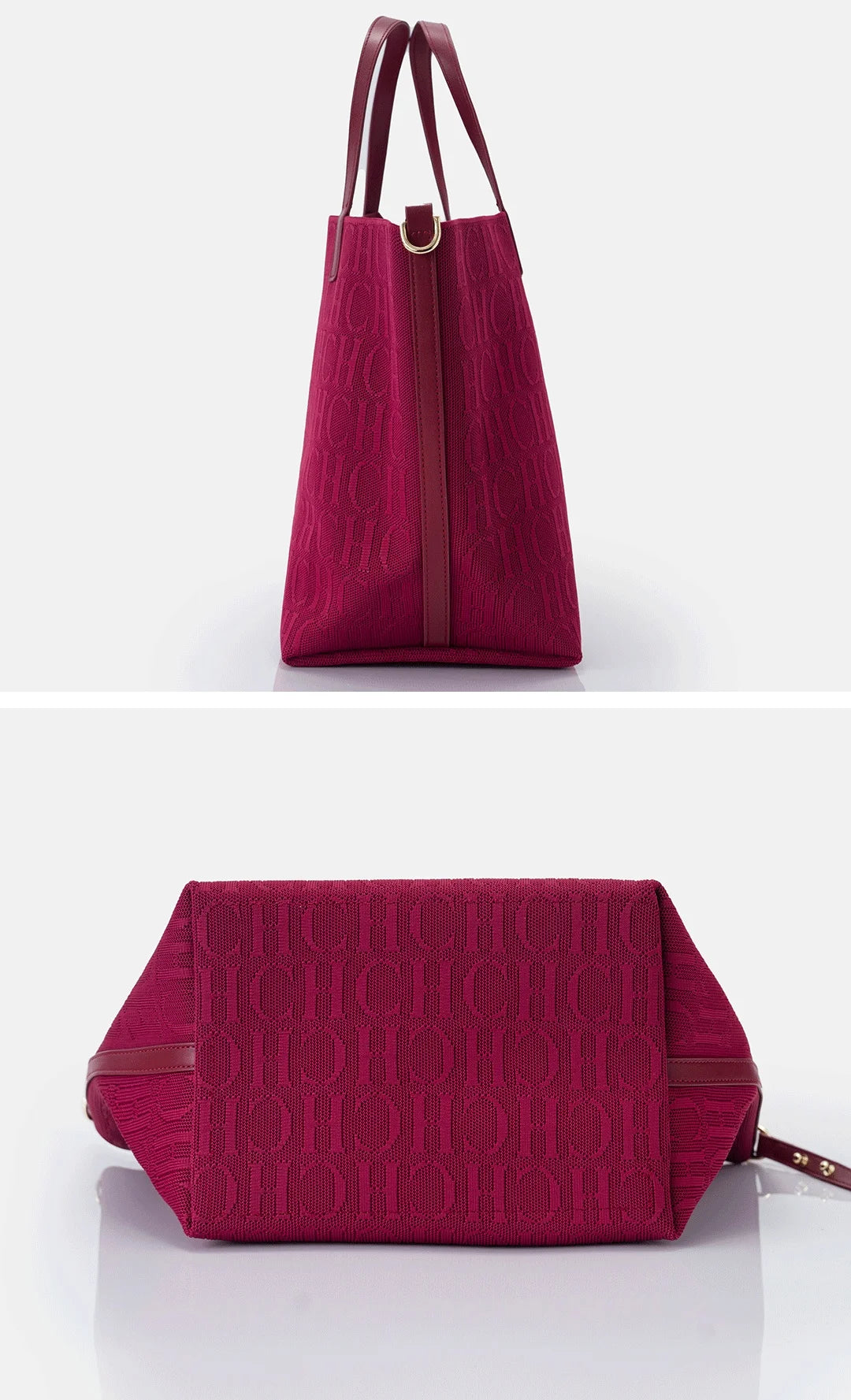 Red handbag with brown accents on a white background