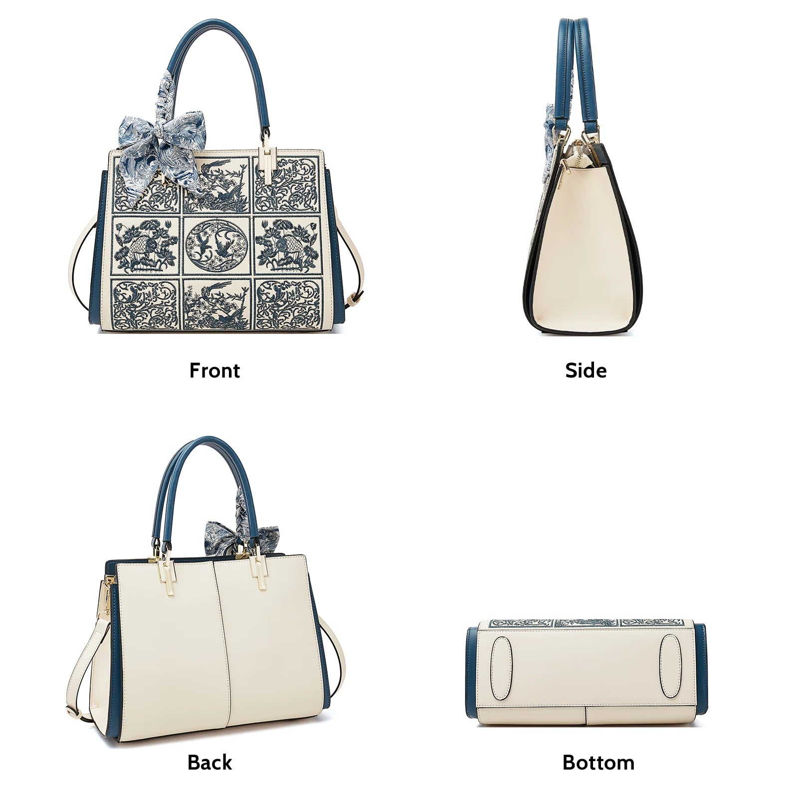 Handbag shown from front, side, back, and bottom angles on a white background.
