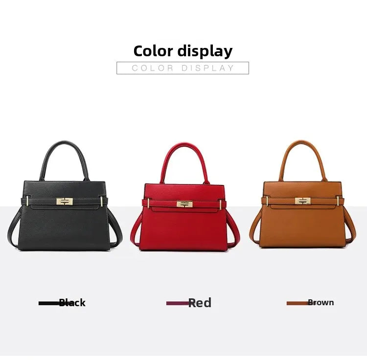 Three handbags in black, red, and brown on a white background with color labels below.