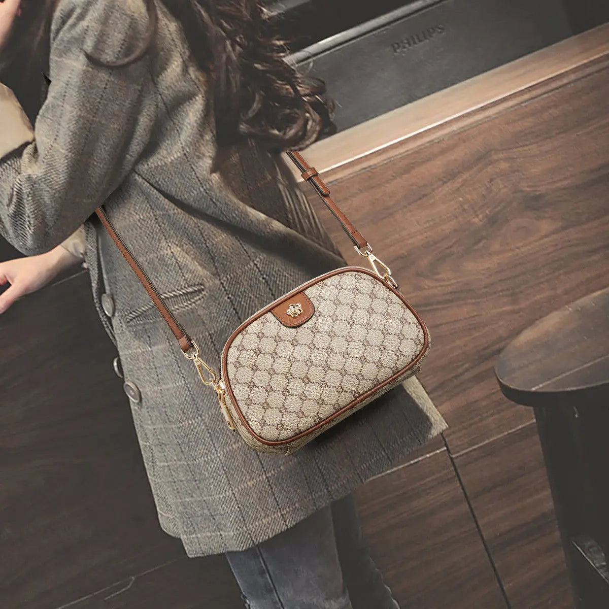 Women Small Shoulder Bag Fashion Monogram PVC Lady Crossbody Handbag with Adjustable Strap