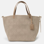 Beige handbag with a monogram pattern on a light gray background