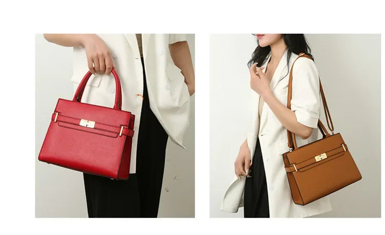 Two images of a person holding a red handbag and a brown handbag.