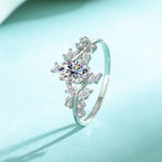 Silver ring with a central gemstone on a light blue background