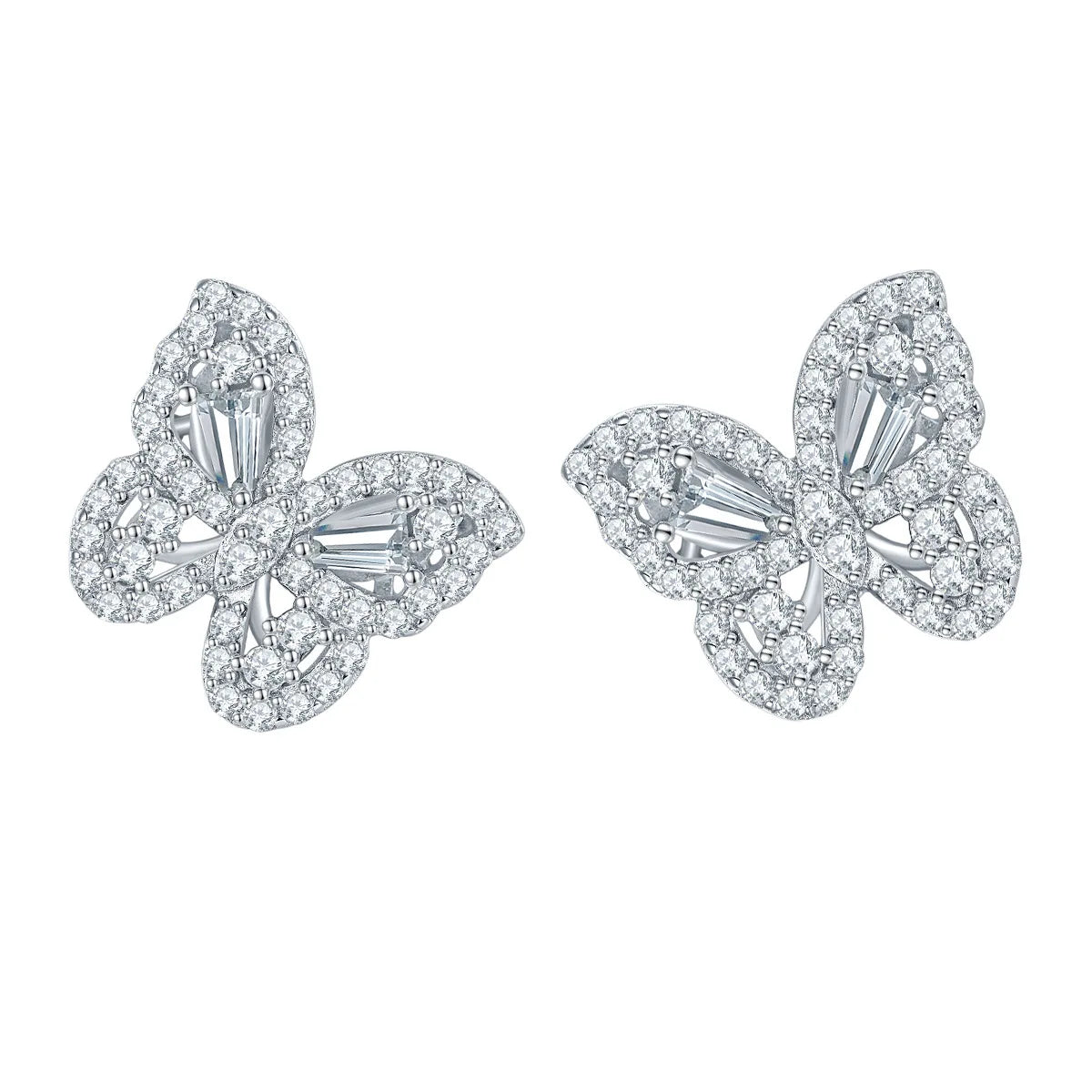 Butterfly-shaped diamond earrings on a white background