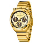 Gold wristwatch with a detailed face on a white background