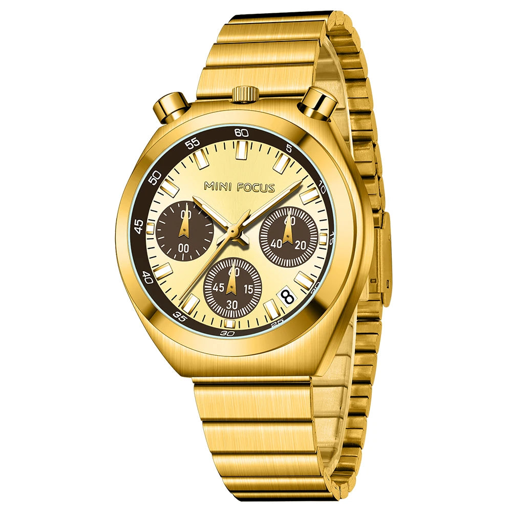 Gold wristwatch with a detailed face on a white background
