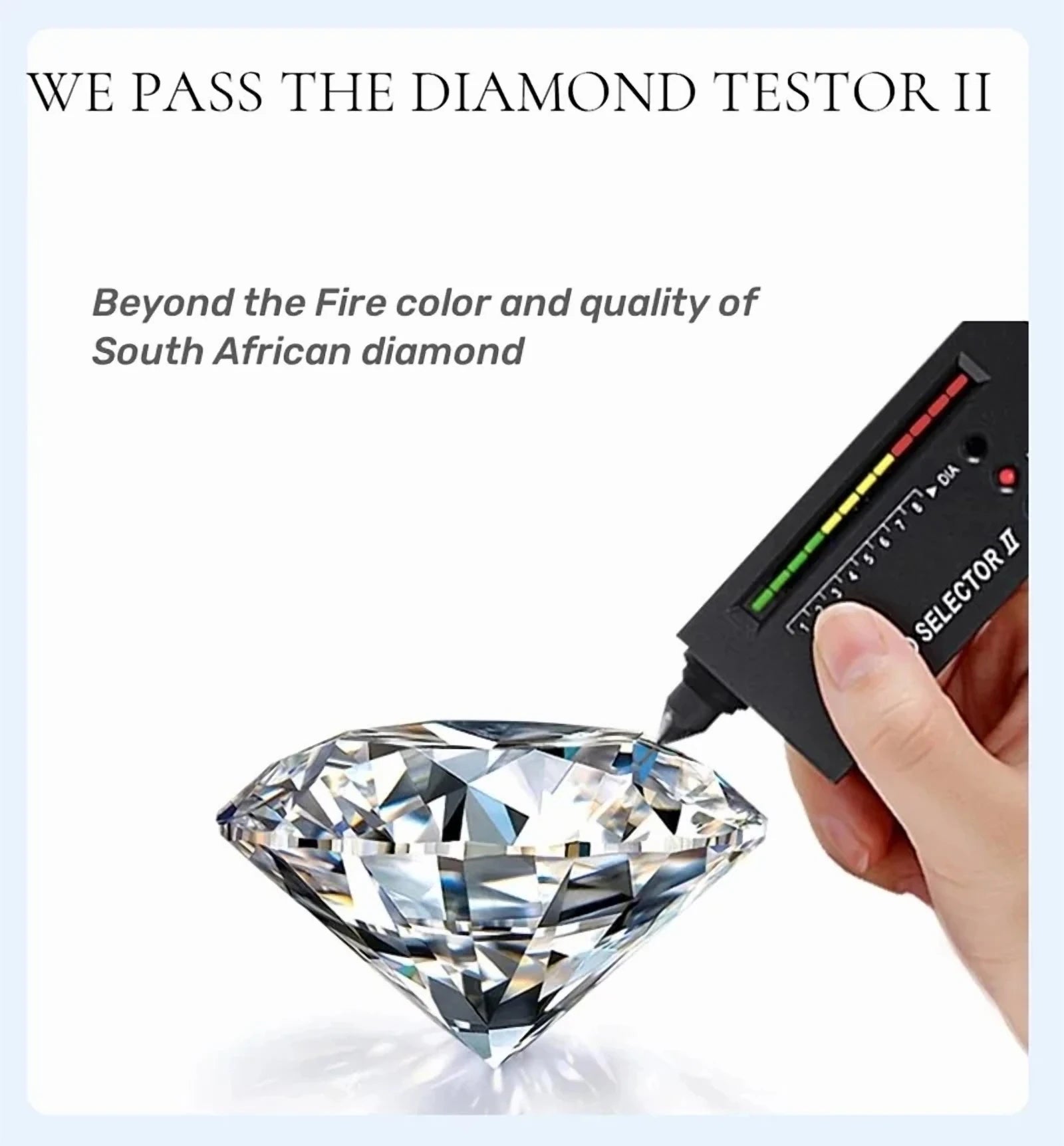 Diamond being tested with a diamond tester tool on a light blue background