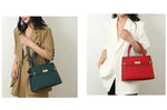 Two images of women holding handbags, one green and one red, against a neutral background.