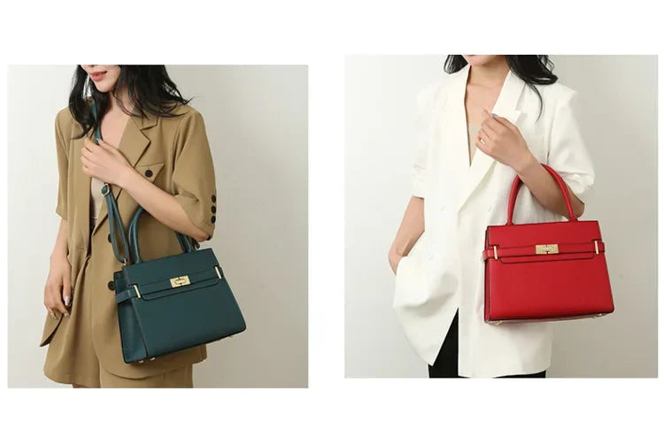 Two images of women holding handbags, one green and one red, against a neutral background.