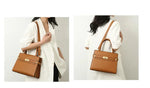 Two images of a person holding a brown handbag against a plain background