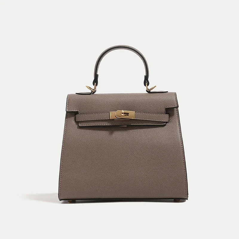 Gray handbag with a gold clasp on a white background