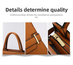 Brown handbag with close-up details on a white background, featuring text about craftsmanship.