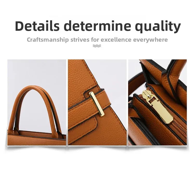 Brown handbag with close-up details on a white background, featuring text about craftsmanship.