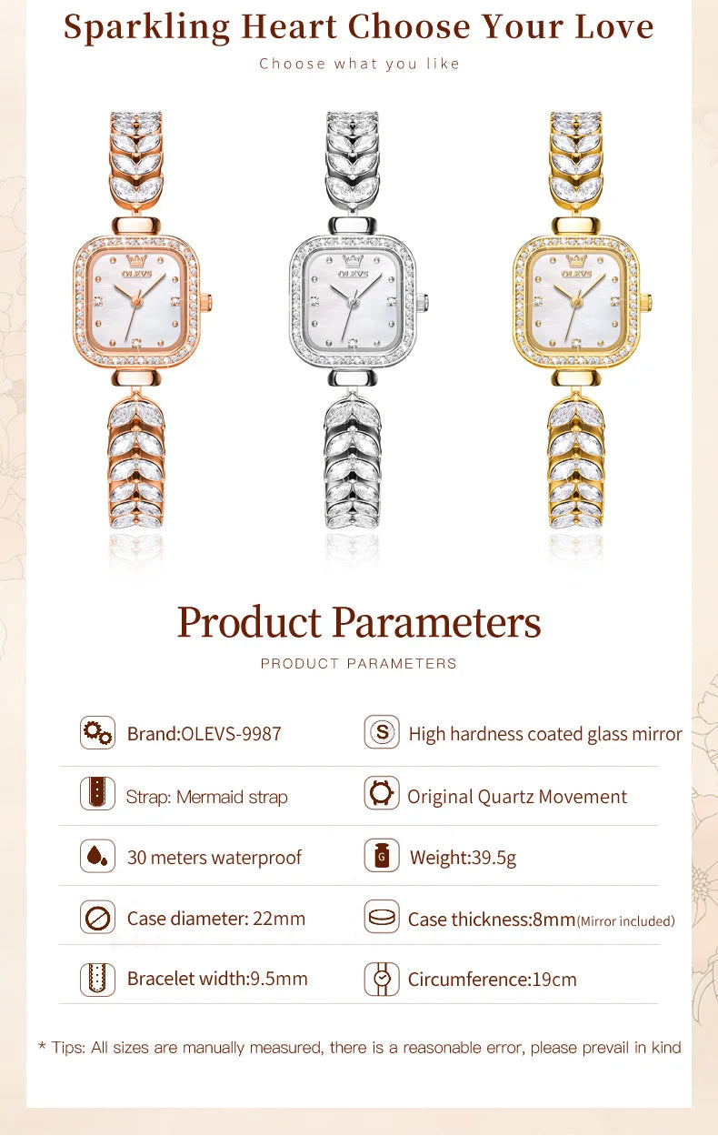 OLEVS 9987 Women's Watch Square Dial Waterproof Quartz Watch For Women Luxury Original Elegant Ladies Wristwatch Steel Strap Vanaski