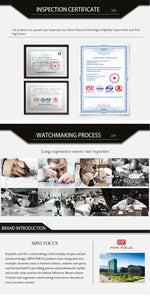 Inspection certificate and watchmaking process images with brand introduction at the bottom.