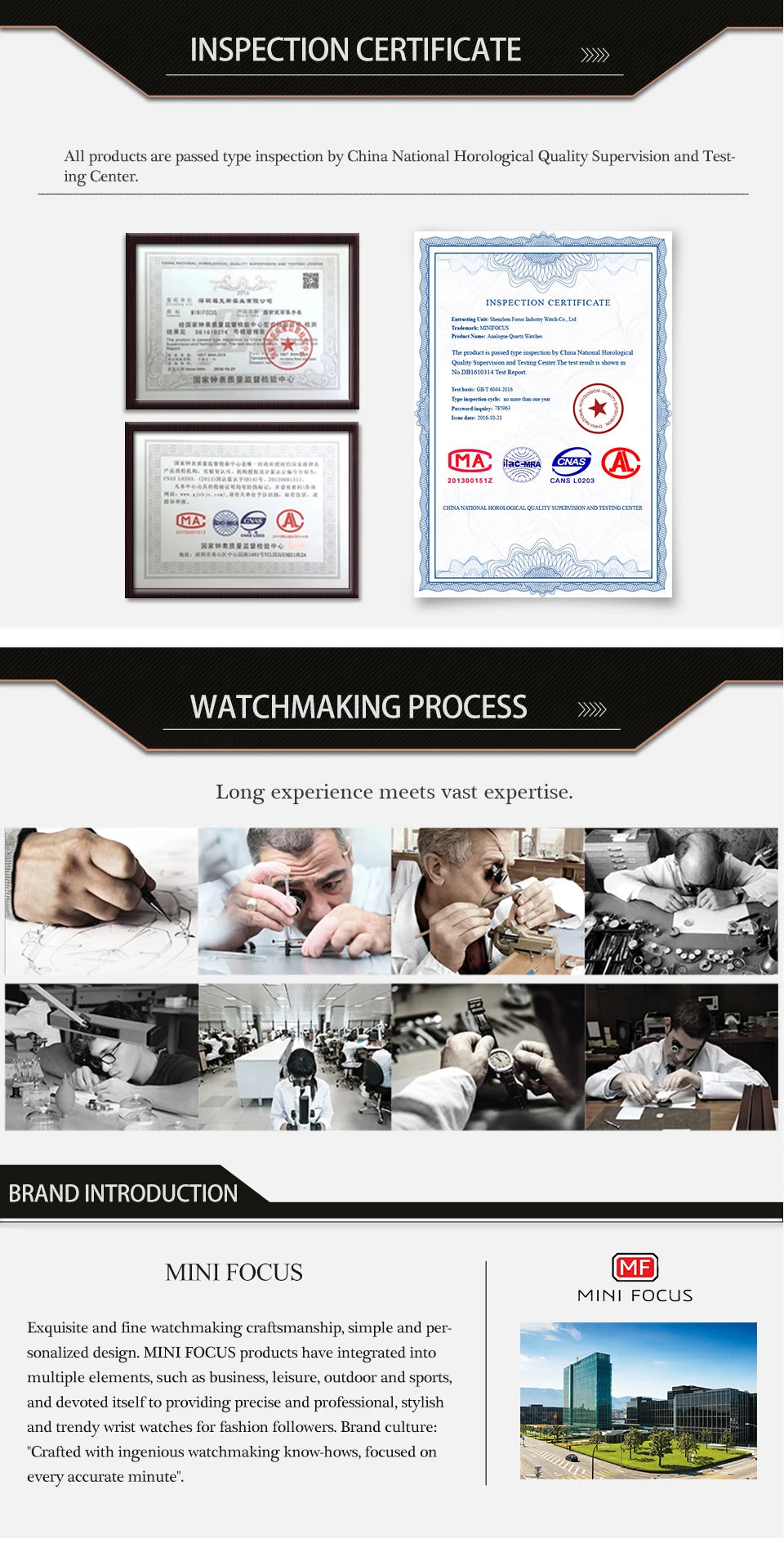 Inspection certificate and watchmaking process images with brand introduction at the bottom.