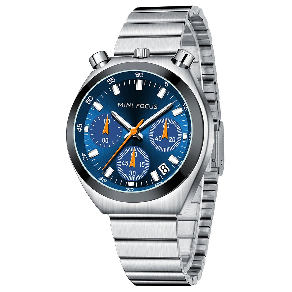 Silver watch with a blue dial on a white background