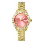 Gold watch with pink face and diamond-studded band on a white background