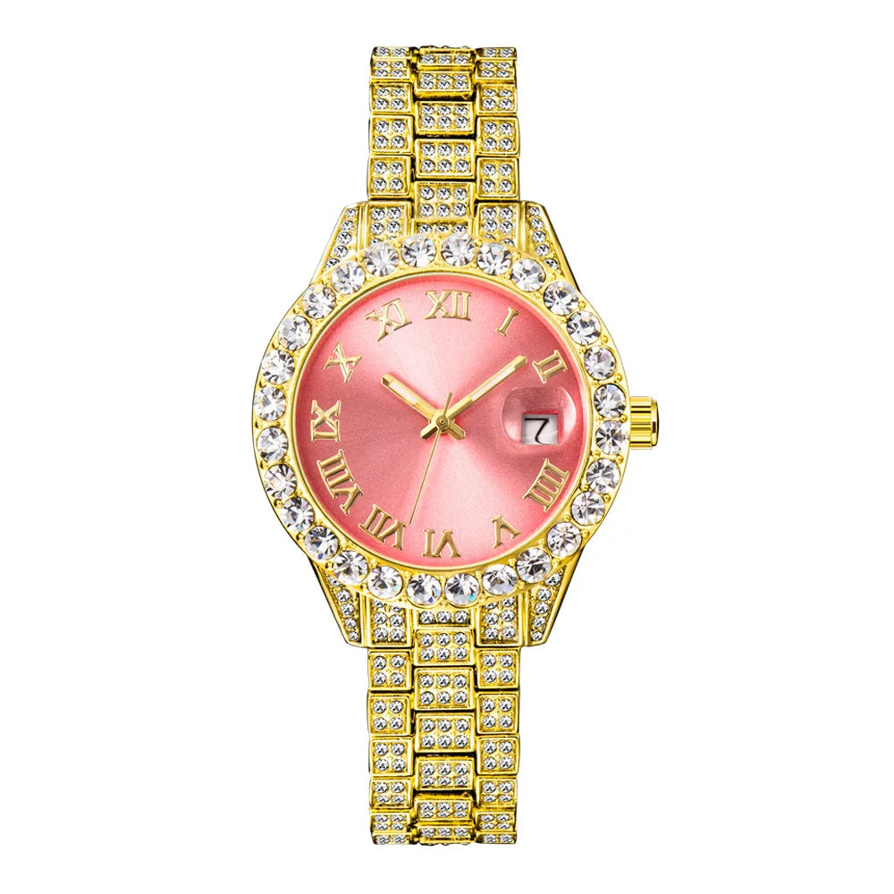 Gold watch with pink face and diamond-studded band on a white background