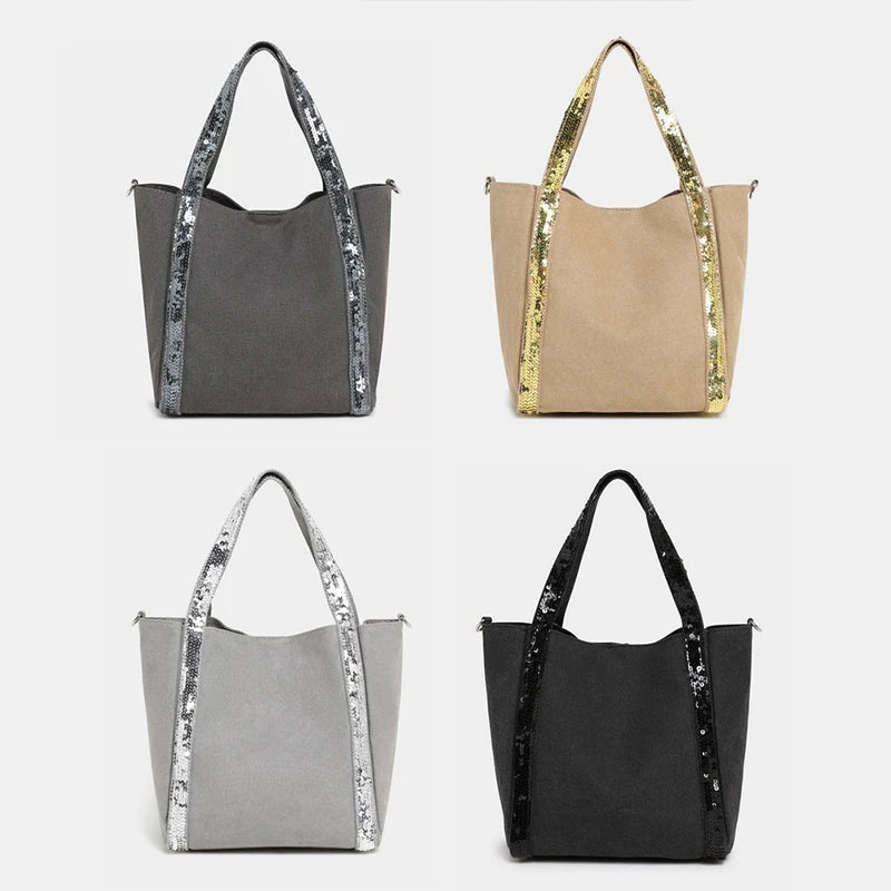 Sequin Canvas Zipped Tote Bag,Large Capacity Vintage Contrast Color Women Shoulder Bag,Designer Commuter Everyday Handbag,Black